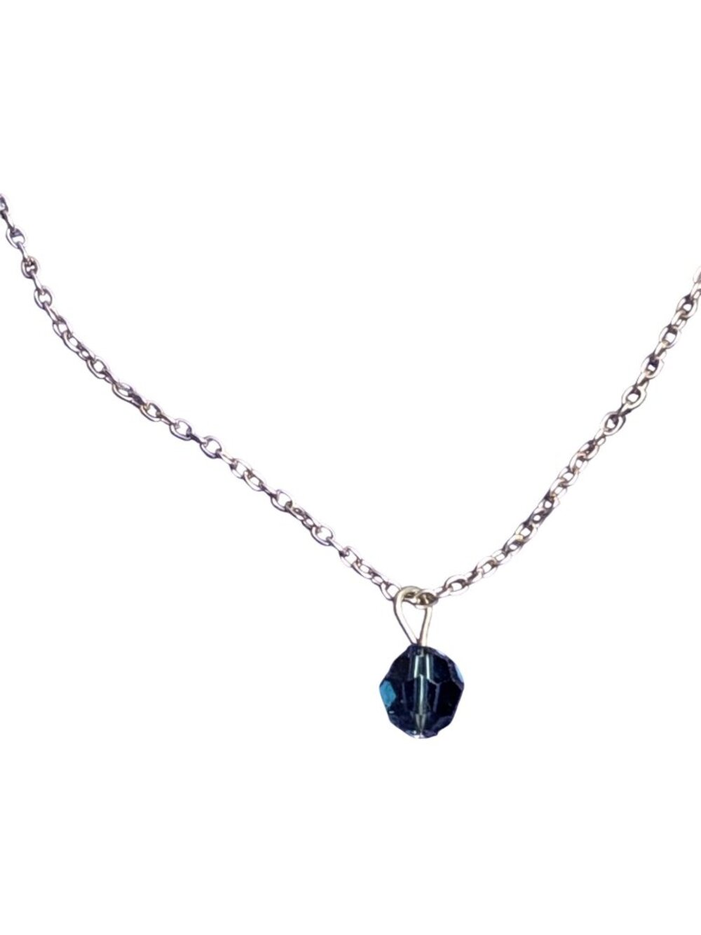 Blue Faceted Glass Bead Pendant Charm Necklace Silvertone Chain 18 - 20 inches